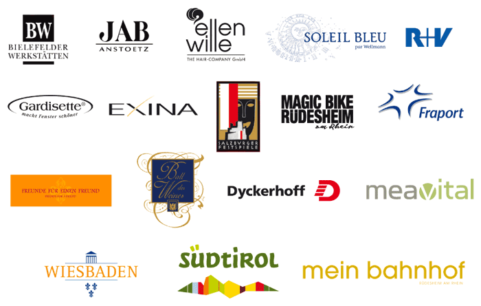 Bielefelder Werkstätten, JAB Anstoetz, ellen wille, Soleil Bleu par Wellmann, R+V, Gardisette, Exina, Salzburger Festspiele, Magic Bike Rüdesheim am Rhein, Fraport, Ball des Weines, Dyckerhoff, meavital, Wiesbaden, Südtirol, mein bahnhof